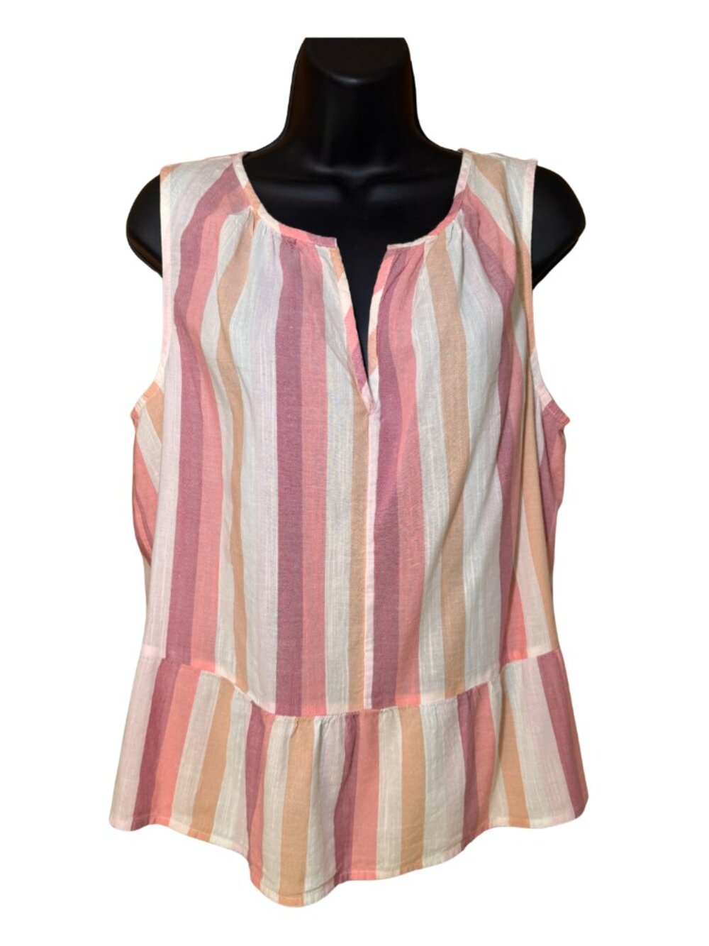 GAP Striped Cotton Gauze Peplum Top Sleeveless Split Neck Coral Pink Size M - Picture 3 of 6